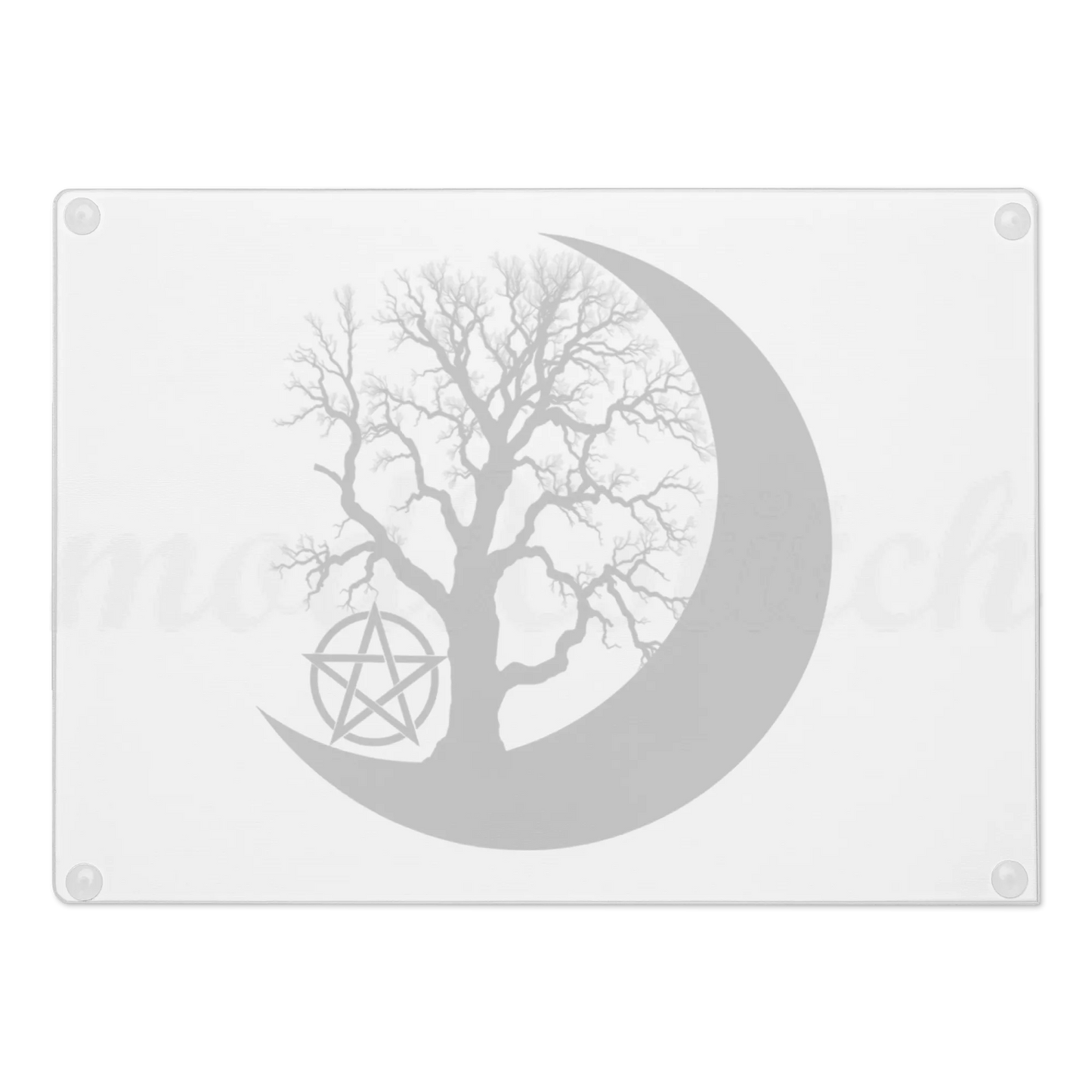 Decorative glass chopping board with a tree silhouette inside a crescent moon and pentacle symbol on a white background.   Perfect for witches and wiccans