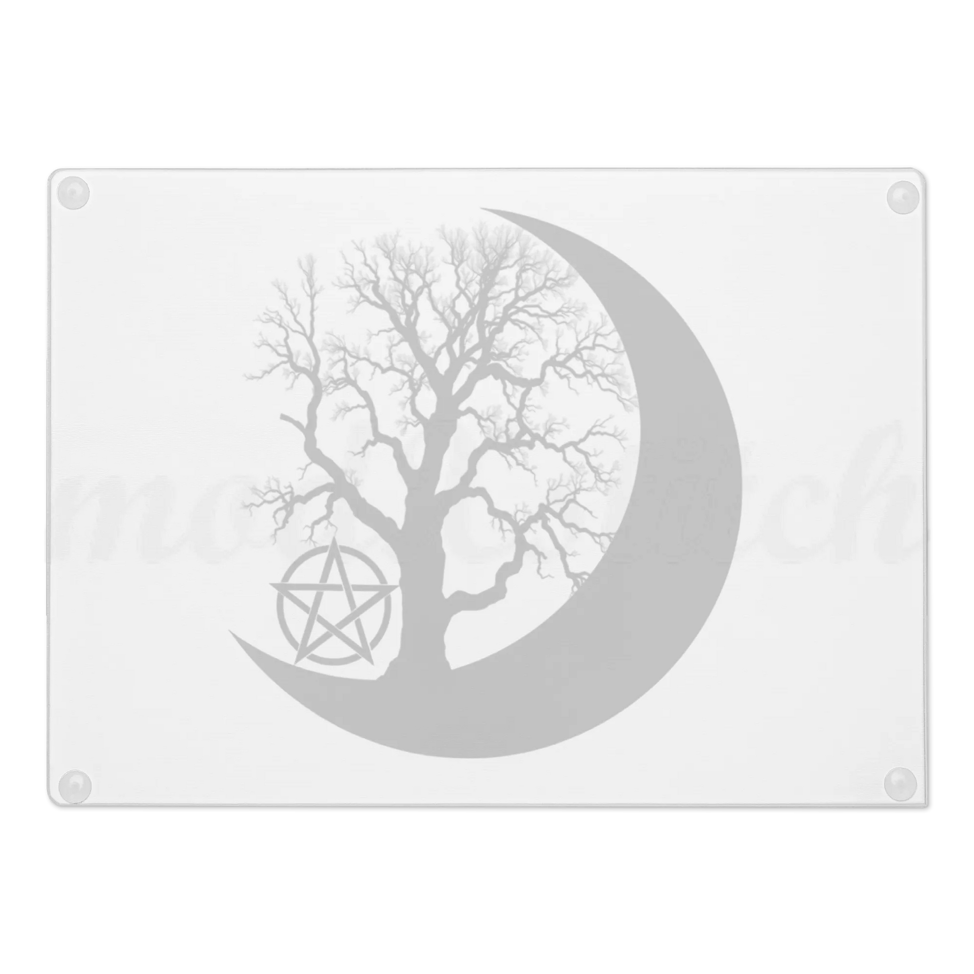 Decorative glass chopping board with a tree silhouette inside a crescent moon and pentacle symbol on a white background.   Perfect for witches and wiccans