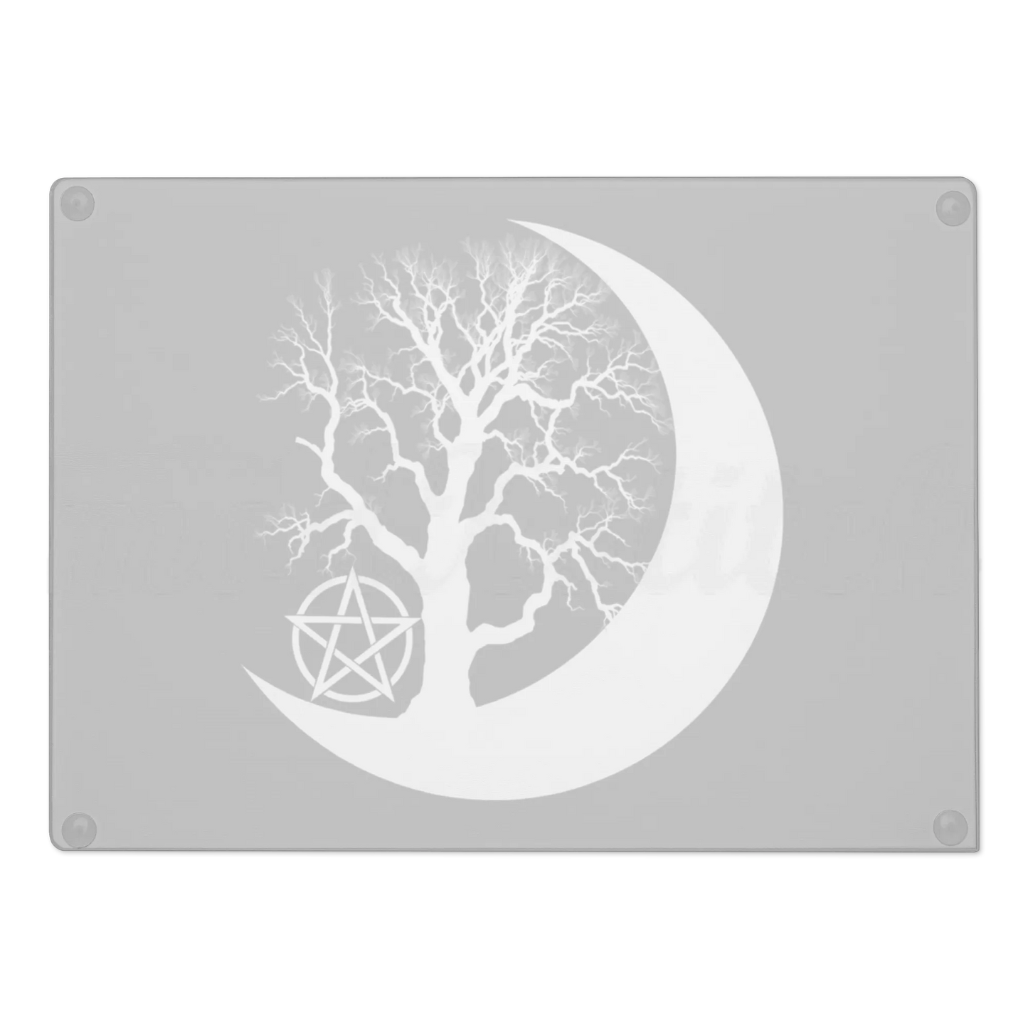 Decorative glass chopping board with a tree silhouette inside a crescent moon and pentacle symbol on a black background.   Perfect for witches and wiccans