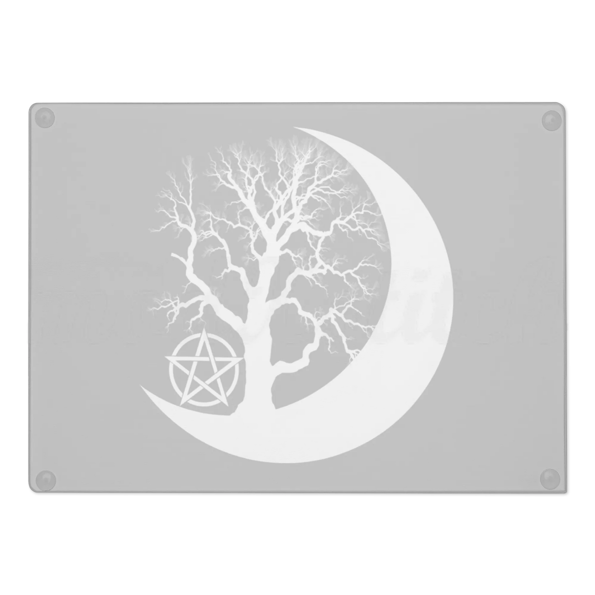 Decorative glass chopping board with a tree silhouette inside a crescent moon and pentacle symbol on a black background.   Perfect for witches and wiccans