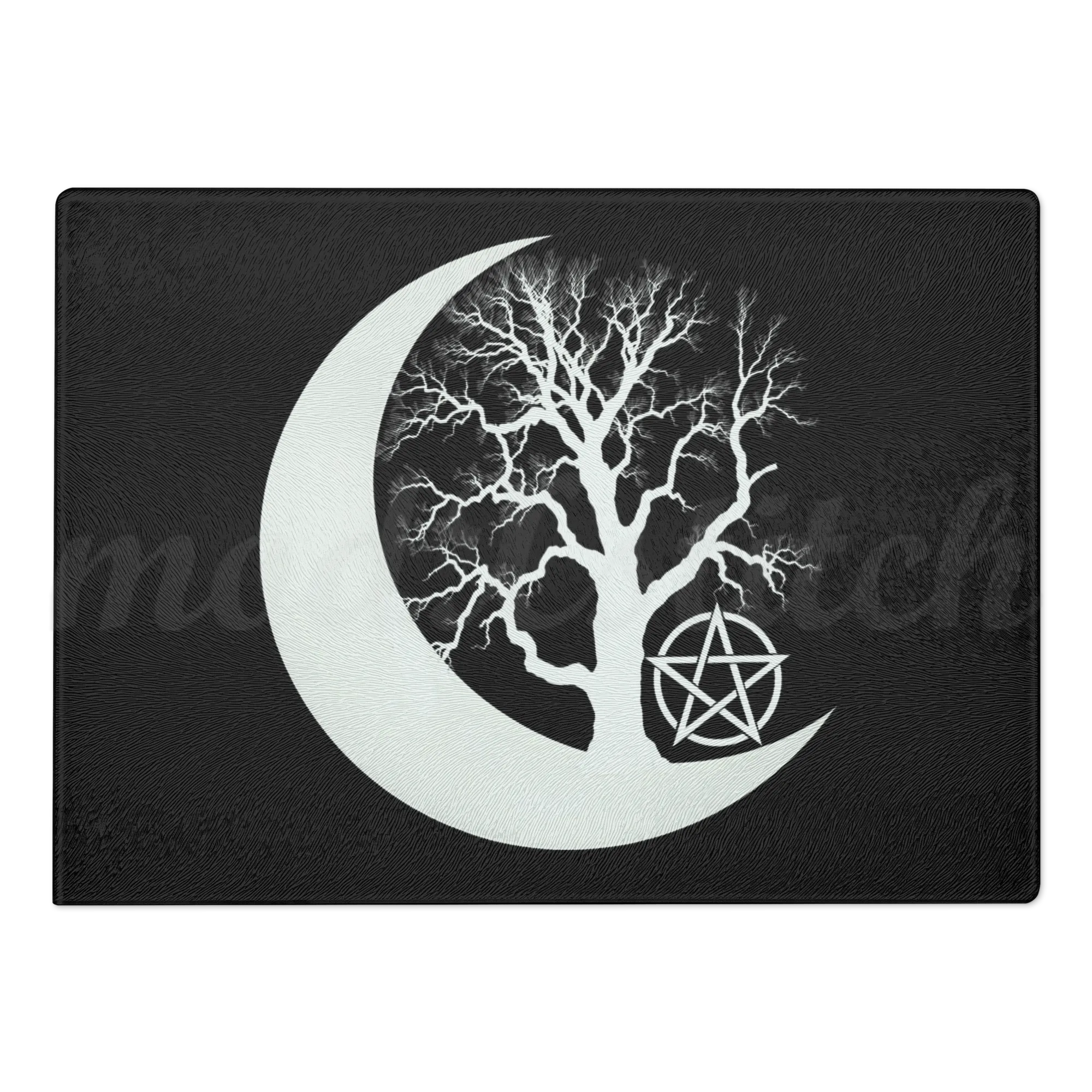 Black chopping board, perfect for an altar, with white tree design, crescent moon, and pentagram symbol, perfect for witches and wiccans