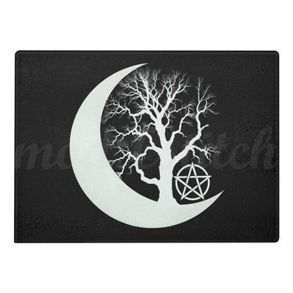 Black chopping board, perfect for an altar, with white tree design, crescent moon, and pentagram symbol, perfect for witches and wiccans