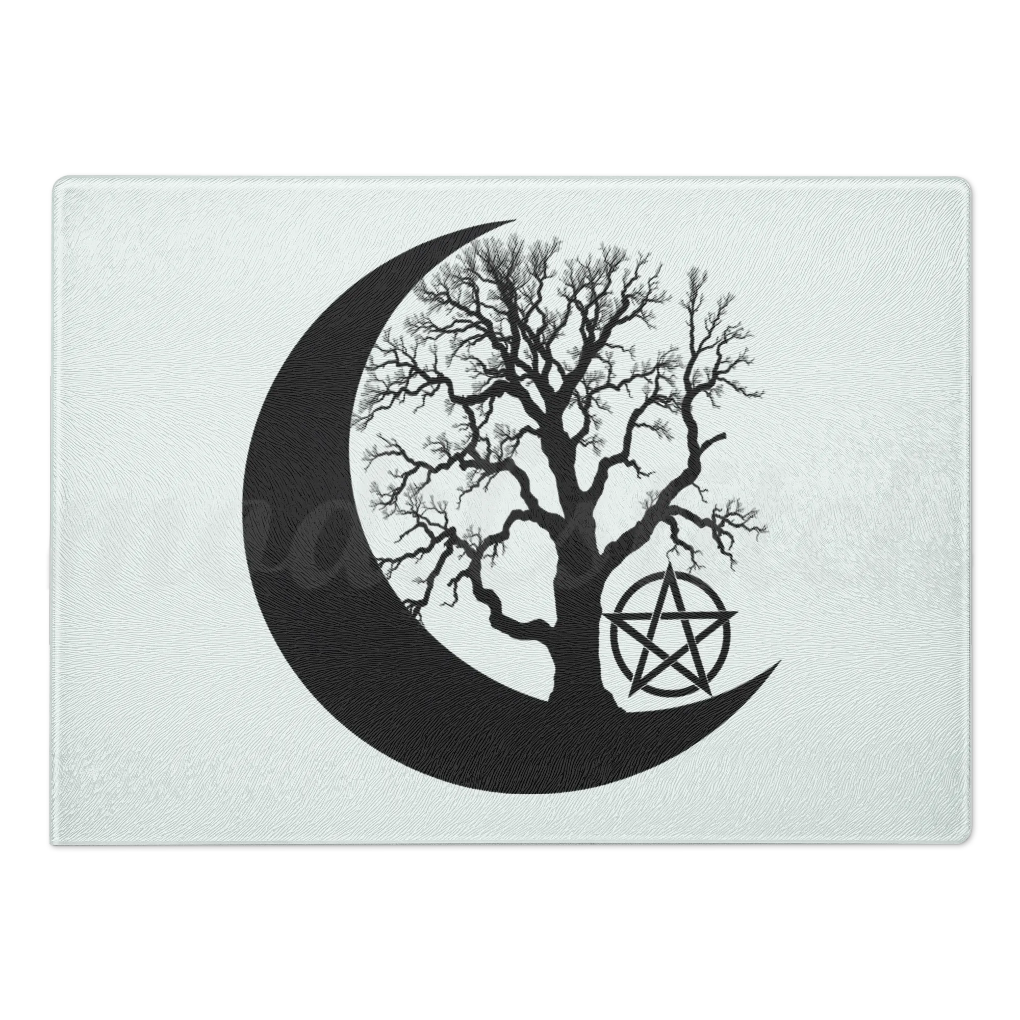 White chopping board, perfect for an altar, with black tree design, crescent moon, and pentagram symbol,  perfect for witches and wiccans
