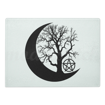 White chopping board, perfect for an altar, with black tree design, crescent moon, and pentagram symbol,  perfect for witches and wiccans