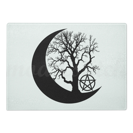 White chopping board, perfect for an altar, with black tree design, crescent moon, and pentagram symbol,  perfect for witches and wiccans