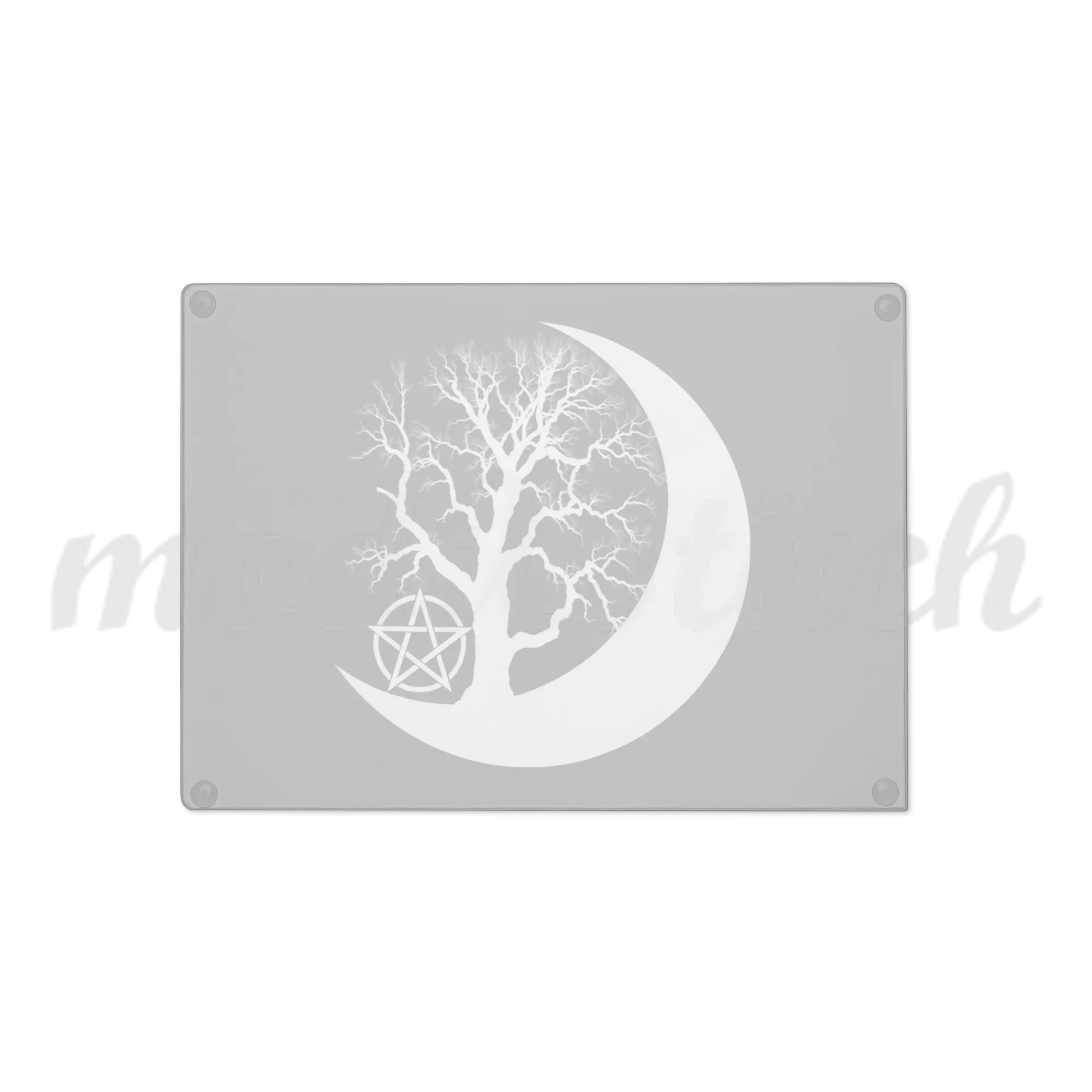 Beautiful glass cutting board with a tree silhouette inside a crescent moon on a black background.  Perfect for witches and wiccans