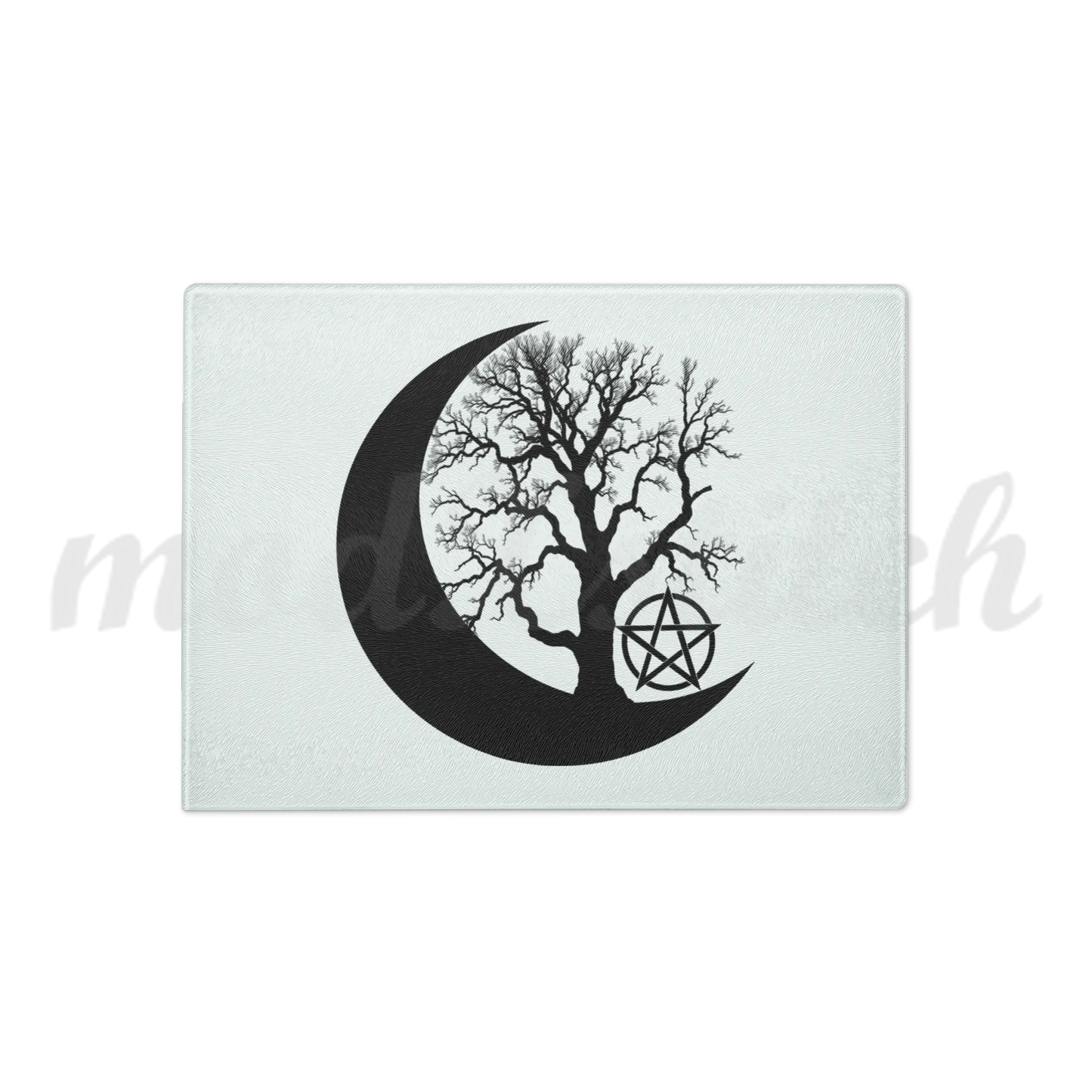 Decorative glass cutting board with a black silhouette of a tree within a crescent moon and pentagram symbol on a white background.  Perfect for witches and wiccans