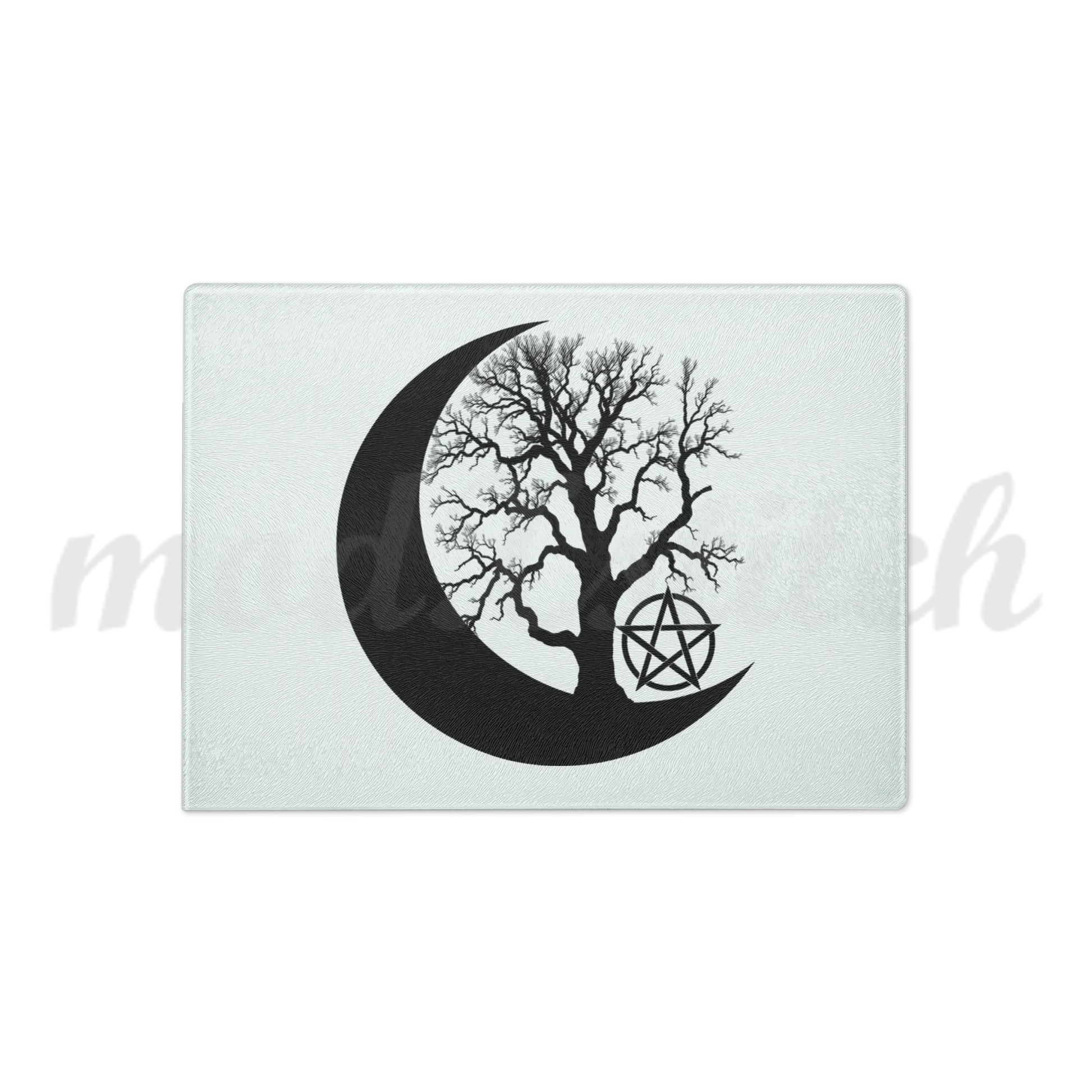 Decorative glass cutting board with a black silhouette of a tree within a crescent moon and pentagram symbol on a white background.  Perfect for witches and wiccans