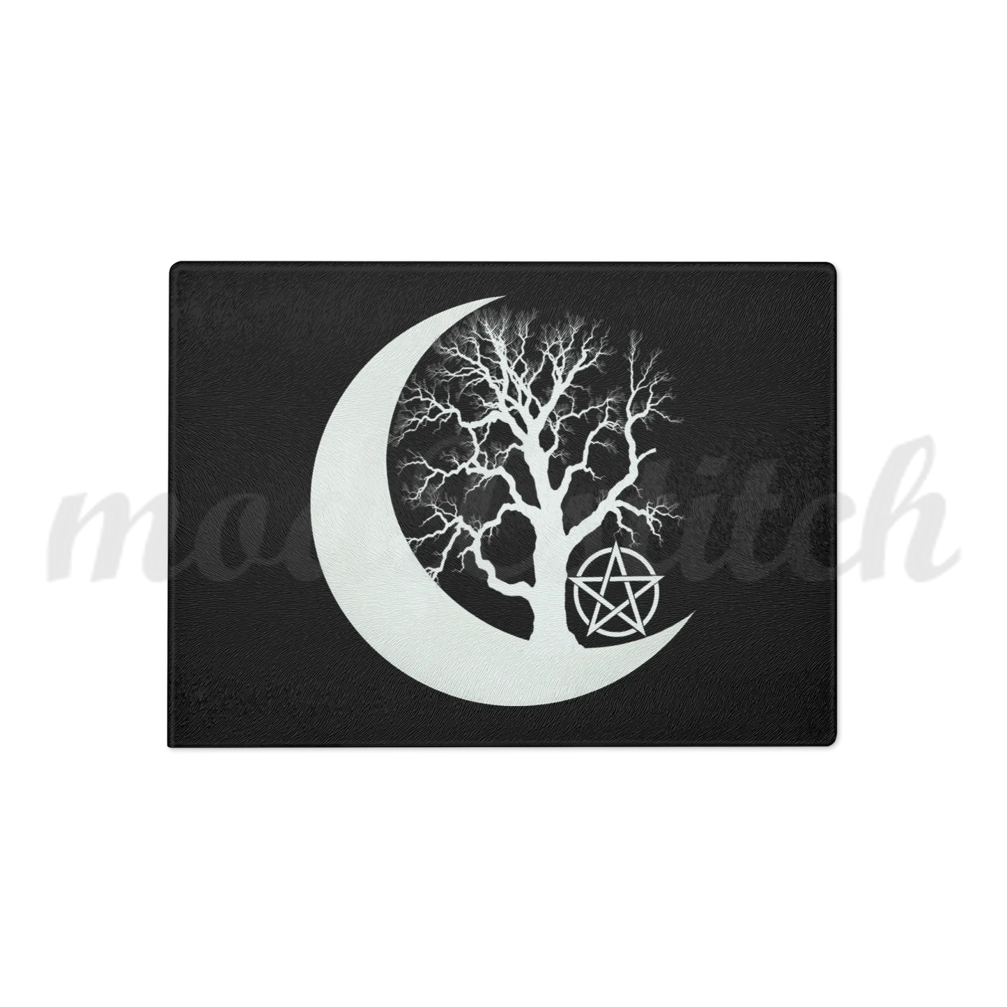 Decorative glass cutting board with a white silhouette of a tree within a crescent moon and pentagram symbol on a black background.  Perfect for witches and wiccans