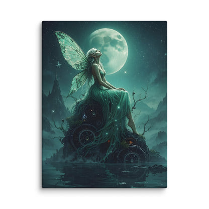 Fairy sitting on a rock with a moonlit sky and mountains in the background.  Immerse yourself in the serene magic of this aquamarine fairy canvas print, where iridescent wings shimmer in cool, oceanic hues. This fade-resistant masterpiece captures the essence of water sprites and ethereal beauty, bringing an enchanting underwater dreamscape to your walls. Ideal for those who cherish mystical wonder and celestial grace, it transforms your space into a tranquil sanctuary where imagination flows freely. 