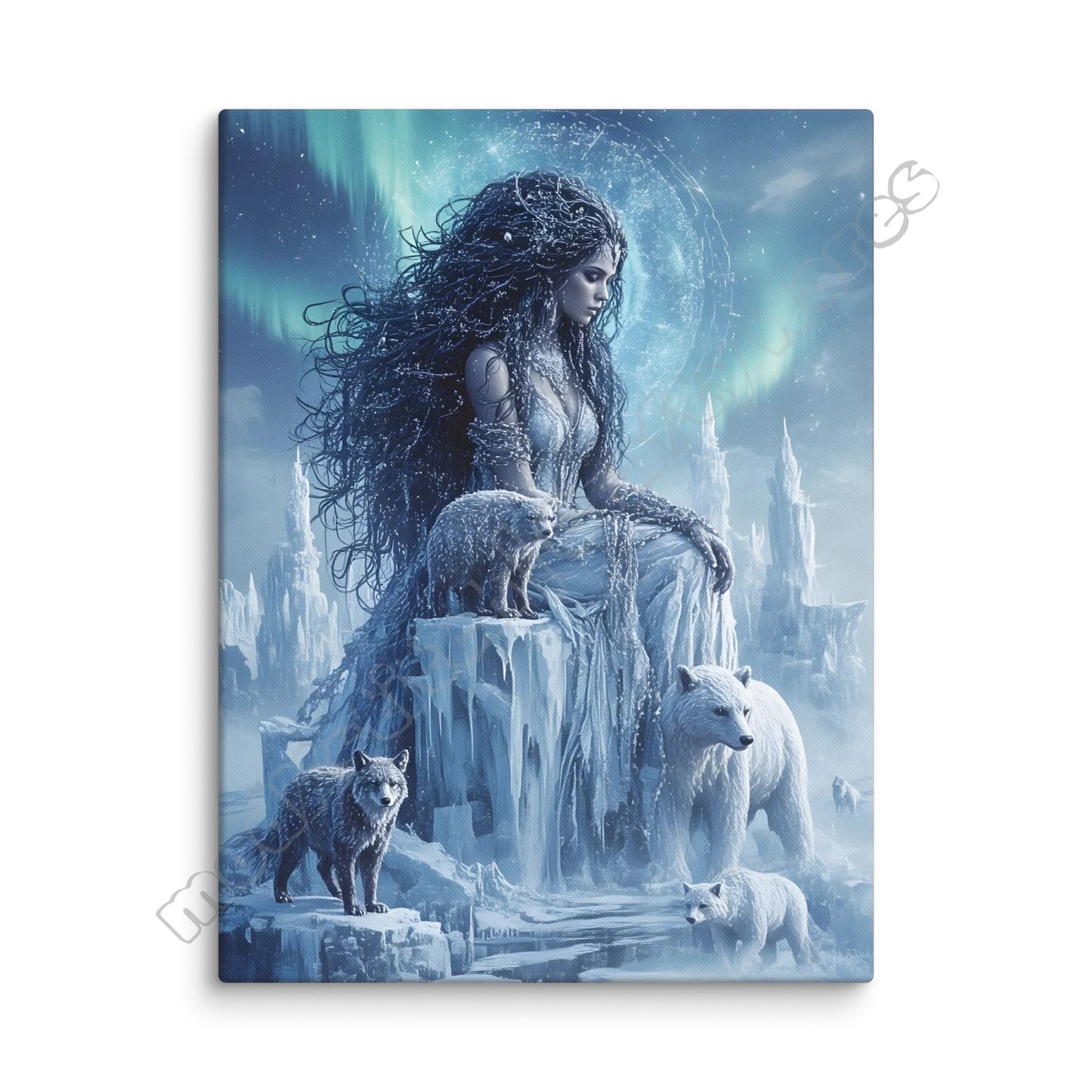 Framed artwork of a woman with long hair, surrounded by wolves in a snowy landscape.