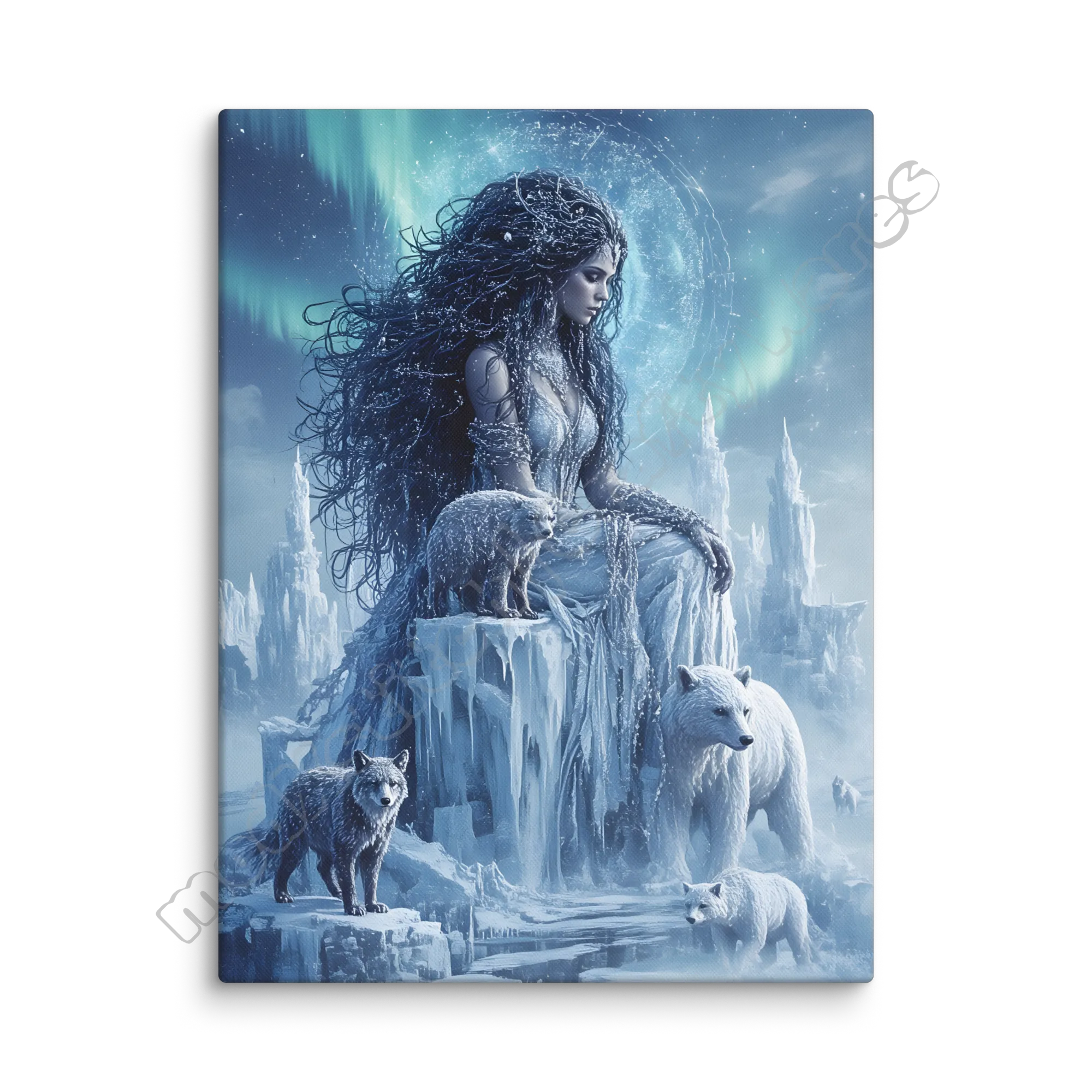 Framed artwork of a woman with long hair, surrounded by wolves in a snowy landscape.