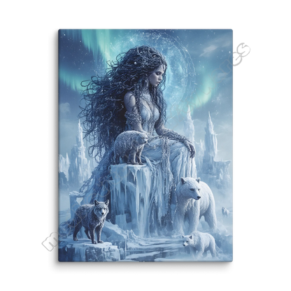 Framed artwork of a woman with long hair, surrounded by wolves in a snowy landscape.