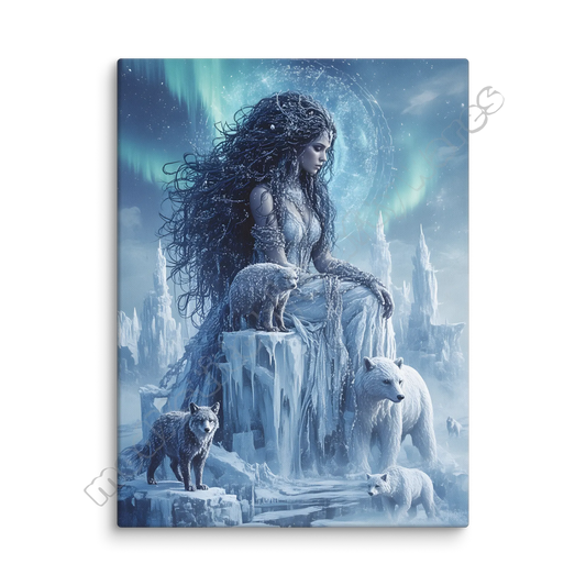 Framed artwork of a woman with long hair, surrounded by wolves in a snowy landscape.