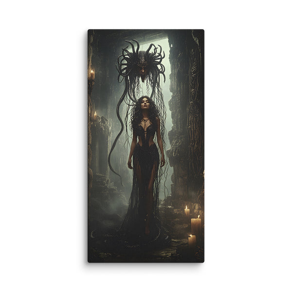 Mythical woman in a dark, cavernous setting with long hair and a high slit dress.  Immerse yourself in classical mythology with this dramatic canvas art depicting a mythical woman in a shadowed cavern, her flowing hair cascading as an iconic serpent crown descends upon her. The composition masterfully captures a transformative moment—stone walls, cavernous depths, and ethereal lighting create an atmosphere of power and ancient legend. Elegant and intricate details enhance the theatrical intensity of this