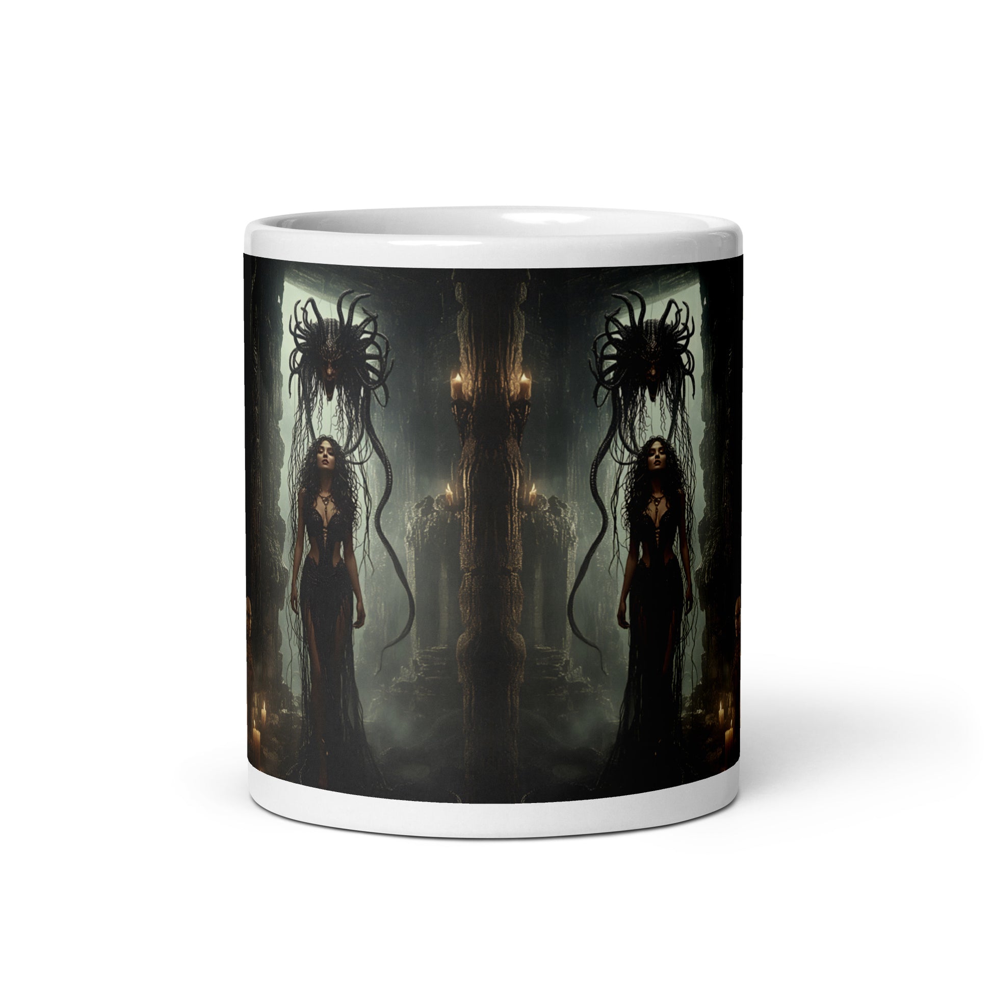 Mug with a dark fantasy design featuring a woman and monstrous creatures.