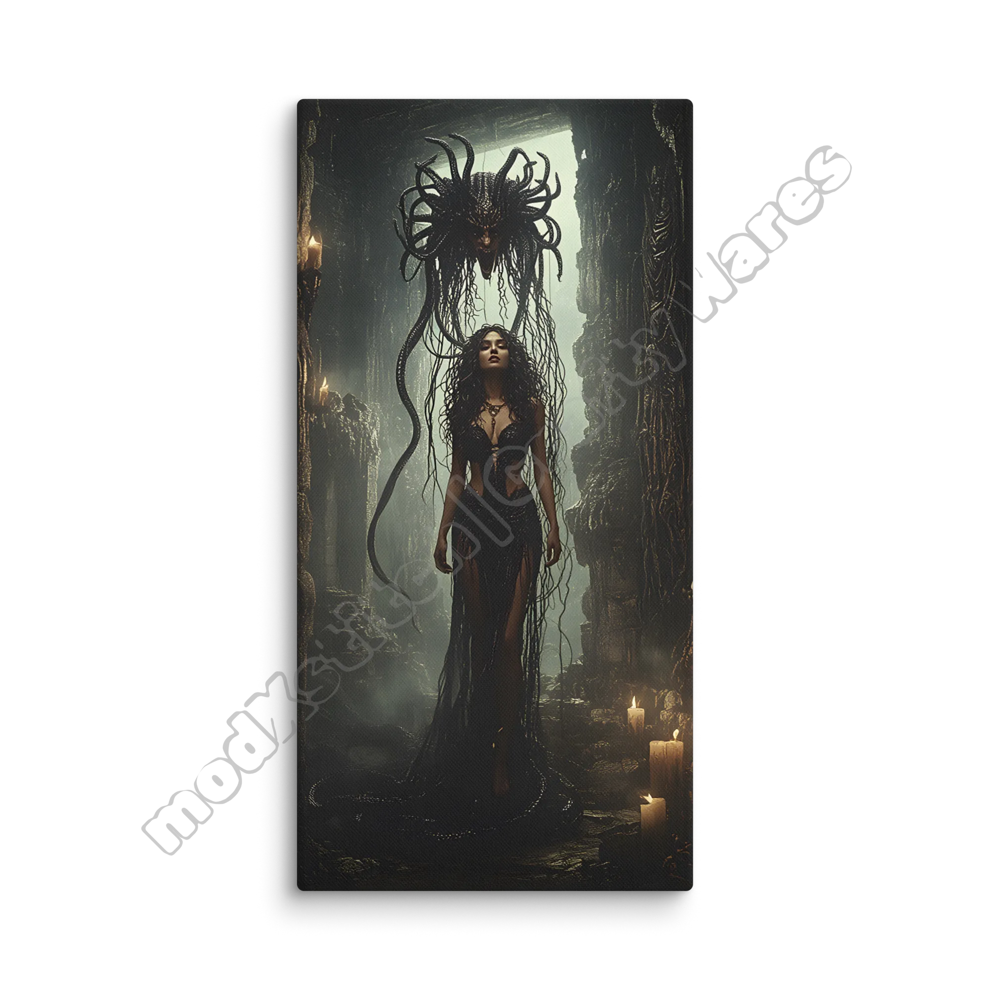 Framed artwork of a woman in a dark, mystical setting with candles and intricate designs.