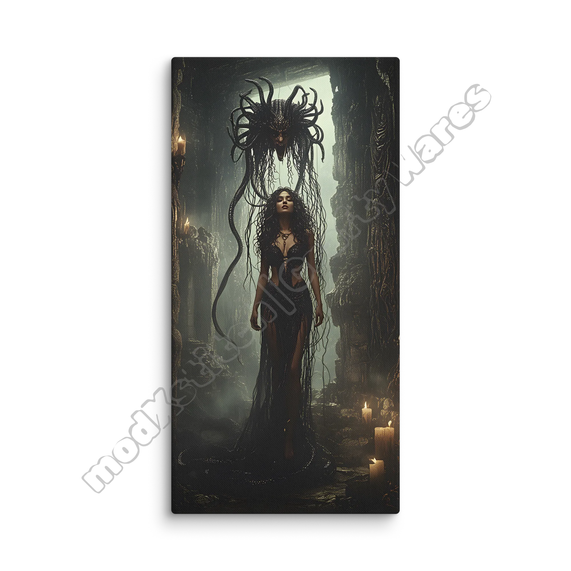 Framed artwork of a woman in a dark, mystical setting with candles and intricate designs.