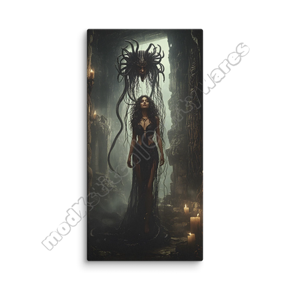 Framed artwork of a woman in a dark, mystical setting with candles and intricate designs.