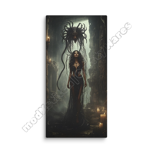 Framed artwork of a woman in a dark, mystical setting with candles and intricate designs.