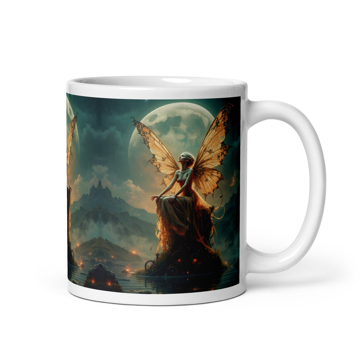 Mug with a fairy design on a mountain and moon background