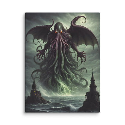 Monster-like creature with wings and tentacles in a dark, stormy setting.  Summon cosmic dread with this striking Cthulhu canvas art that brings the legendary entity to vivid life. Featuring intricate details of the great cosmic horror, this piece captures an otherworldly presence with rich, fade-resistant colours that maintain their intensity over time. Perfect for fans of cosmic fiction, dark fantasy, and unconventional aesthetics, this artwork makes a bold statement in gaming rooms, creative spaces, 