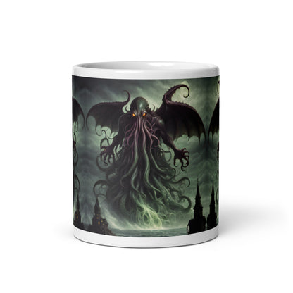 Mug with a fantasy design featuring a creature with wings and tentacles against a dark background.