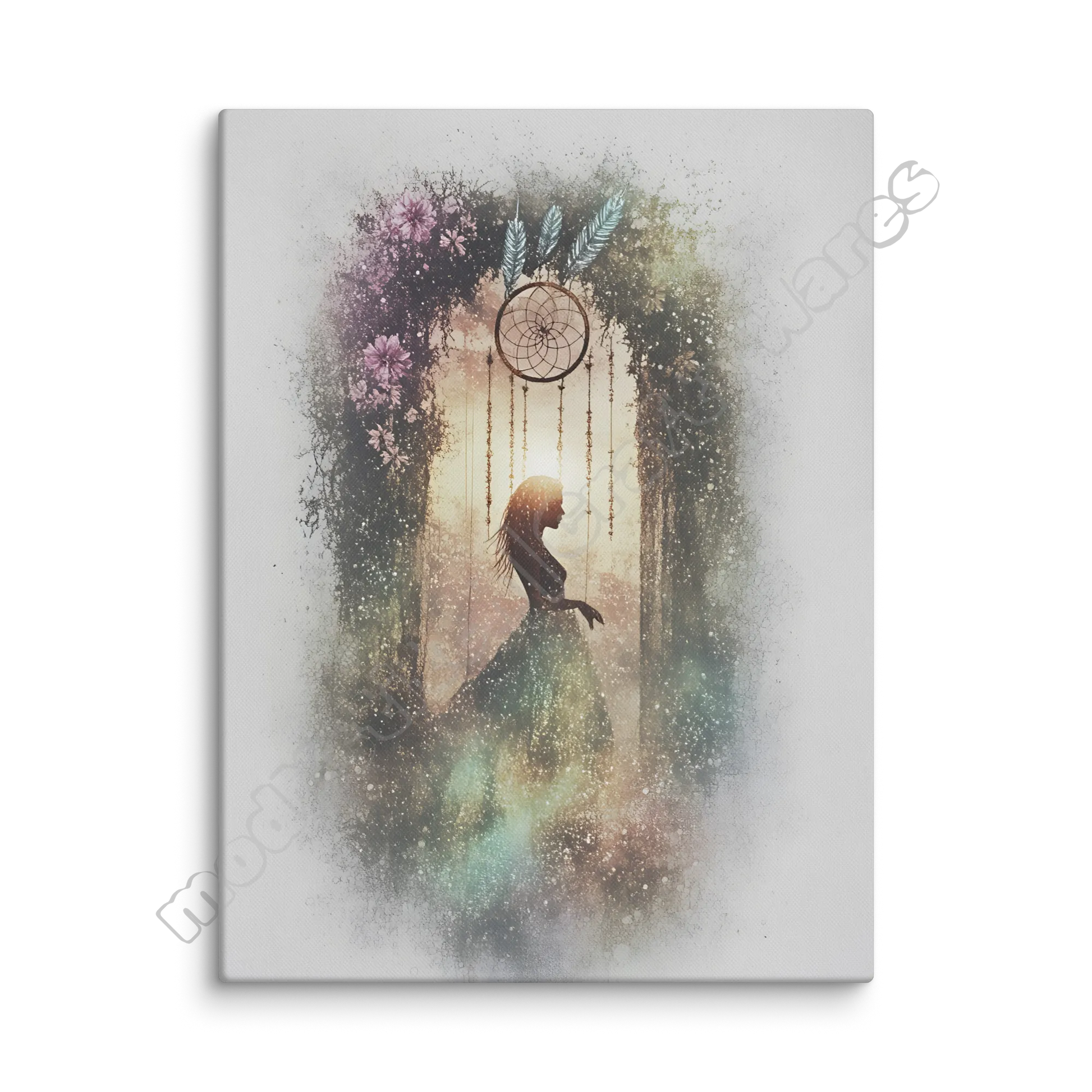 Canvas print with a silhouette of a woman, flowers, and a dreamcatcher on a white background