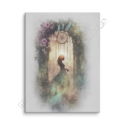 Canvas print with a silhouette of a woman, flowers, and a dreamcatcher on a white background