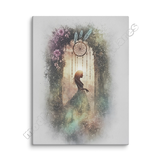 Canvas print with a silhouette of a woman, flowers, and a dreamcatcher on a white background