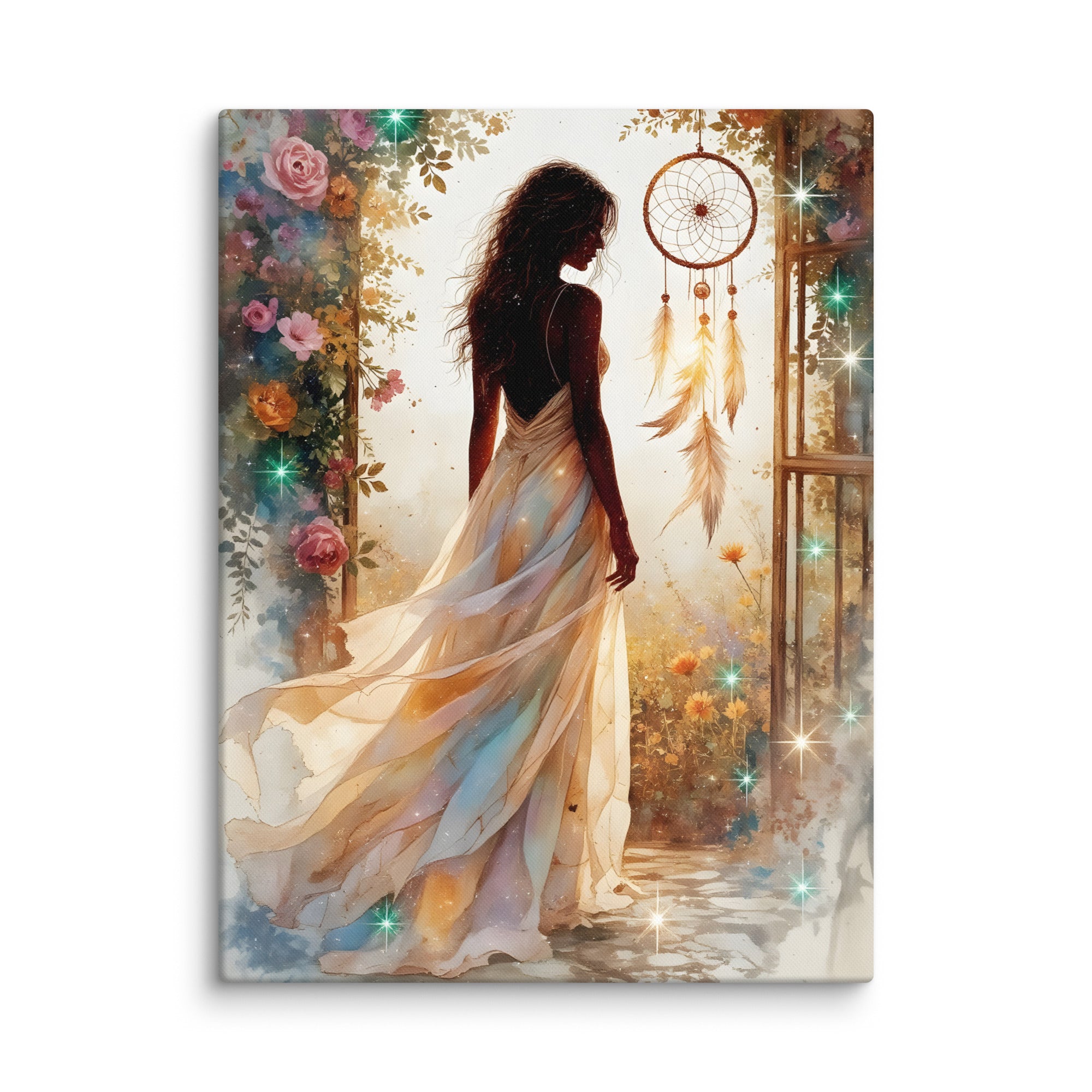 Canvas print of a woman in a flowing dress, about to go through a portal to enter the dream, with floral and dreamcatcher elements.  Step into the liminal space between reality and reverie with this mesmerising canvas print of a woman in flowing fabric, poised at the entrance of a shimmering dream portal. Ethereal florals and intricate dreamcatcher motifs frame the scene, creating a gateway to infinite imagination and wonder. Her silhouette glows softly against swirling, luminescent energies that suggest 