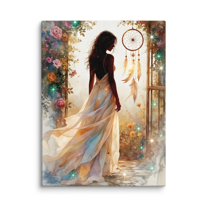 Canvas print of a woman in a flowing dress, about to go through a portal to enter the dream, with floral and dreamcatcher elements.  Step into the liminal space between reality and reverie with this mesmerising canvas print of a woman in flowing fabric, poised at the entrance of a shimmering dream portal. Ethereal florals and intricate dreamcatcher motifs frame the scene, creating a gateway to infinite imagination and wonder. Her silhouette glows softly against swirling, luminescent energies that suggest 