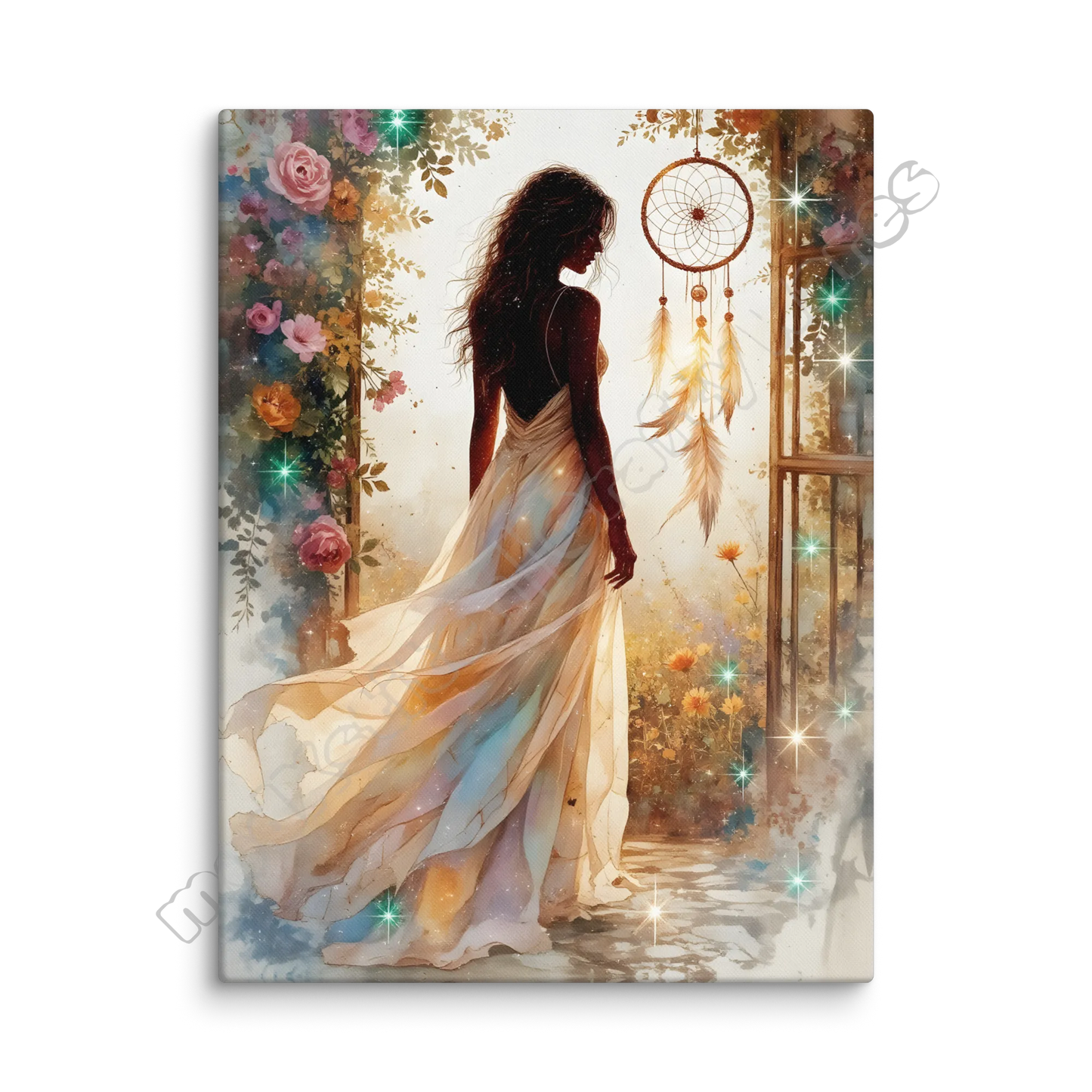 Canvas print of a woman in a flowing dress with flowers and a dreamcatcher in the background