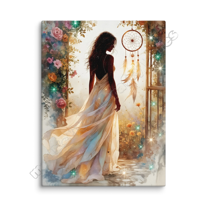 Canvas print of a woman in a flowing dress with flowers and a dreamcatcher in the background