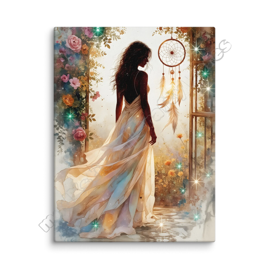 Canvas print of a woman in a flowing dress with flowers and a dreamcatcher in the background