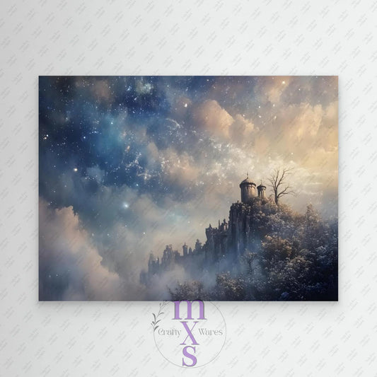 Castle on a hilltop in the evening sky