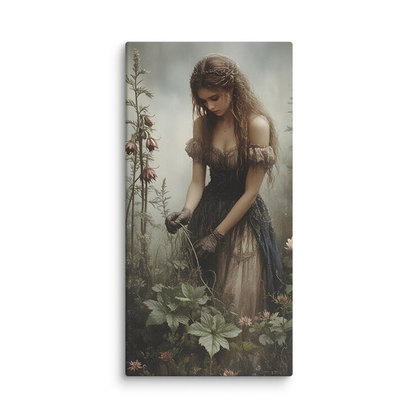 Framed artwork of a woman in a garden setting with flowers and foliage.  Bring natural serenity into your home with this stunning framed artwork showcasing a woman gracefully positioned among lush gardens, vibrant blooms, and verdant foliage. The composition celebrates the tranquillity of botanical spaces, where delicate flowers frame an intimate portrait of peaceful contemplation. Soft, naturalistic tones and intricate floral details create a refreshing focal point that brightens any room. 