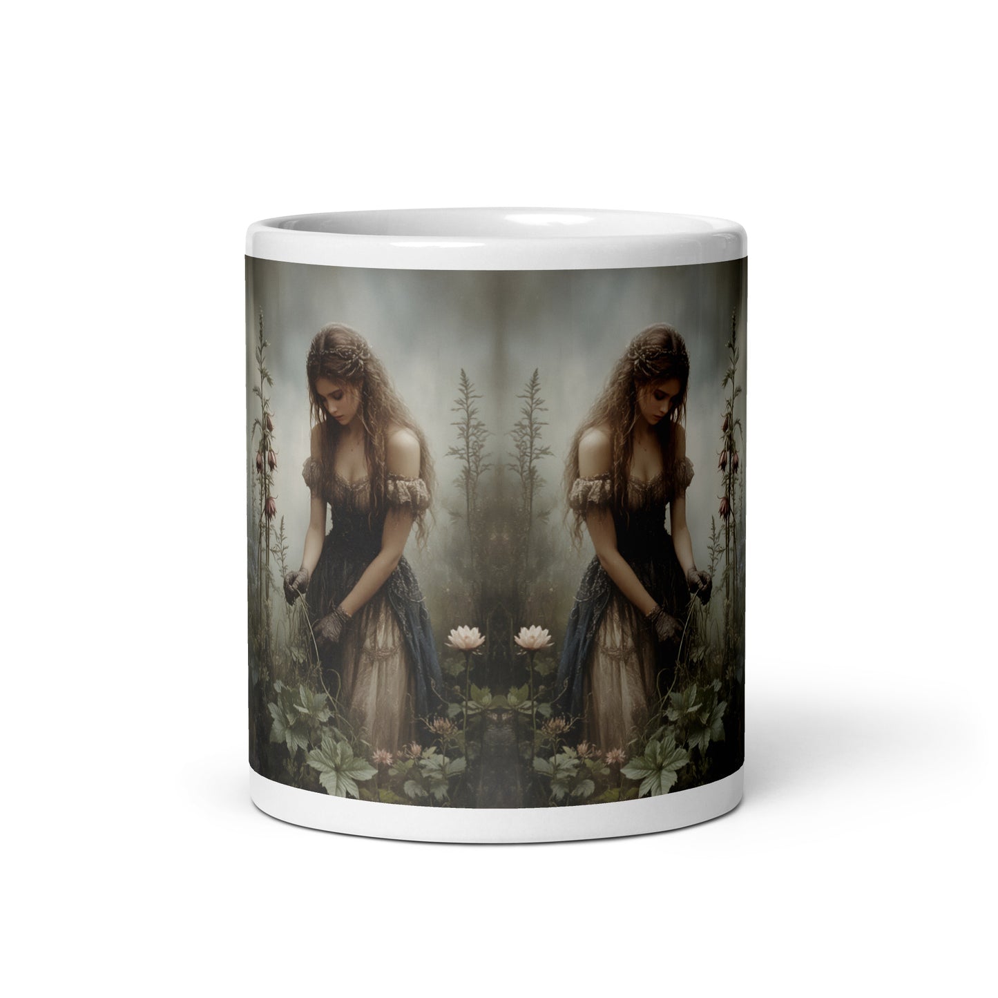 Mug with a design of a woman in a forest on a white background