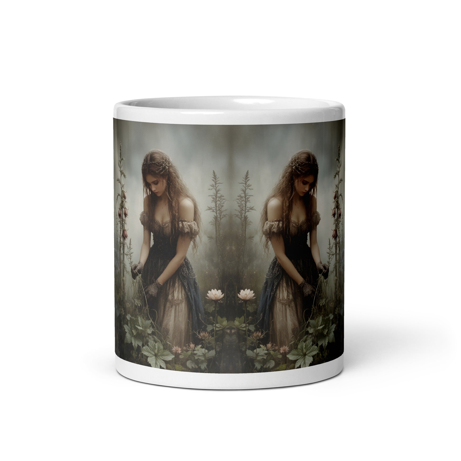 Mug with a design of a woman in a forest on a white background