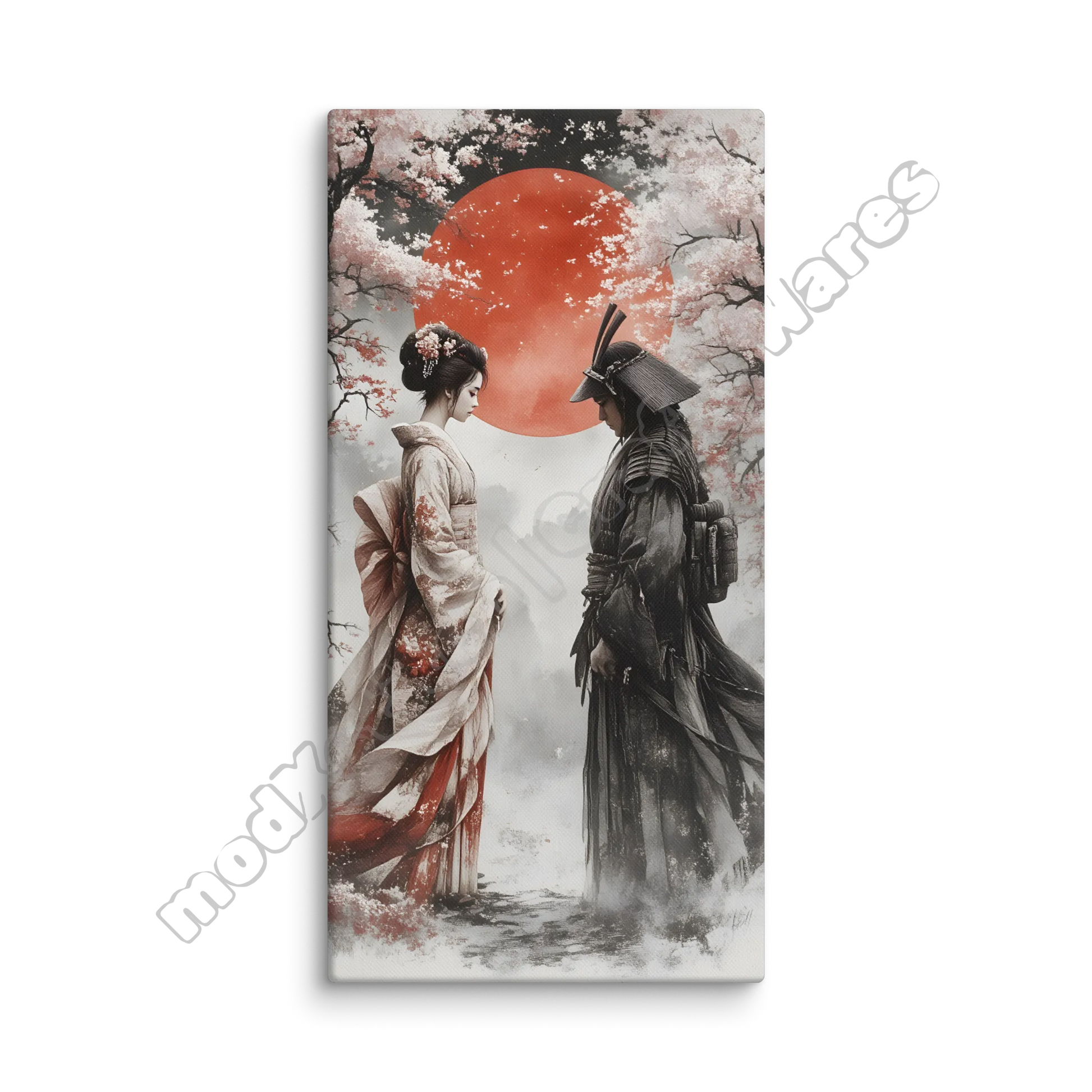 Canvas print with a samurai and geisha under a red moon and cherry blossoms.