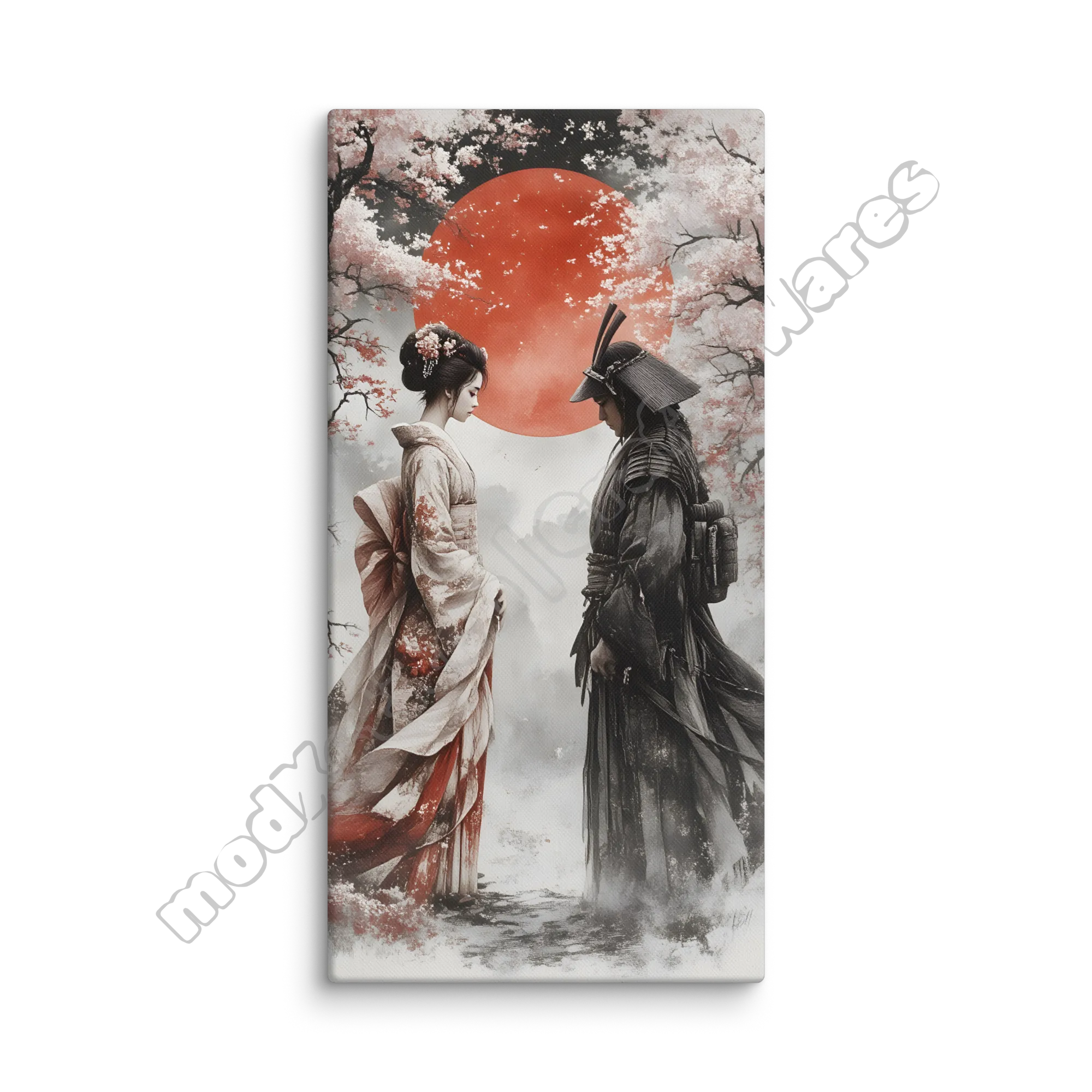 Canvas print with a samurai and geisha under a red moon and cherry blossoms.