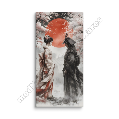 Canvas print with a samurai and geisha under a red moon and cherry blossoms.