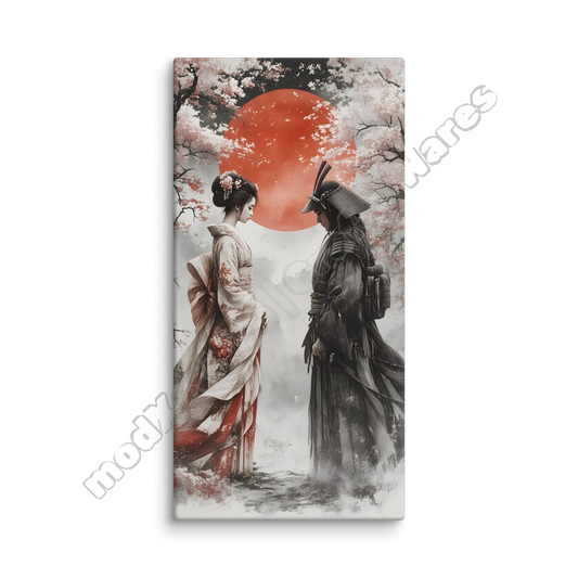Canvas print with a samurai and geisha under a red moon and cherry blossoms.