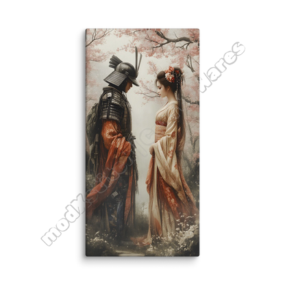 Canvas print of a Samurai and Geisha under cherry blossoms