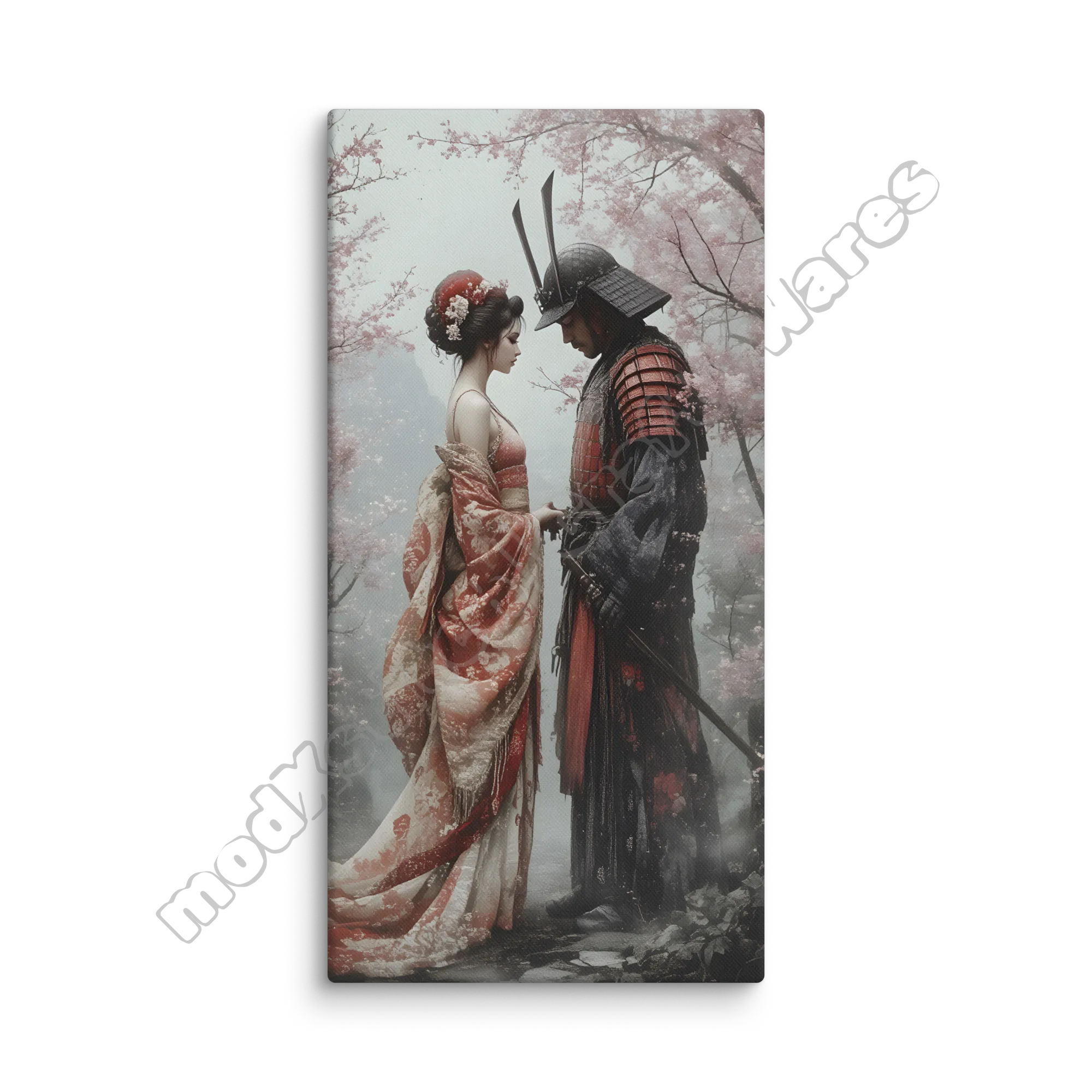 Canvas print of a couple in traditional Japanese attire standing under cherry blossom trees.