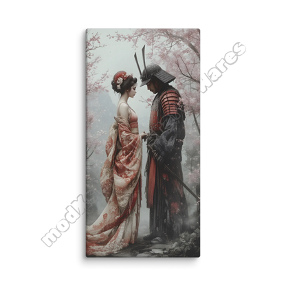 Canvas print of a couple in traditional Japanese attire standing under cherry blossom trees.