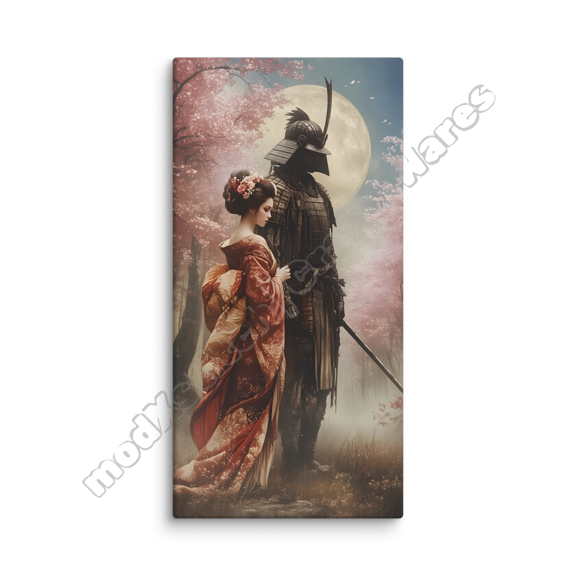 Canvas print of a samurai and geisha under a cherry blossom tree with a full moon.