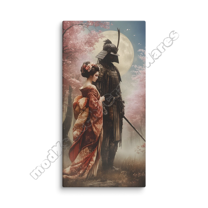 Canvas print of a samurai and geisha under a cherry blossom tree with a full moon.