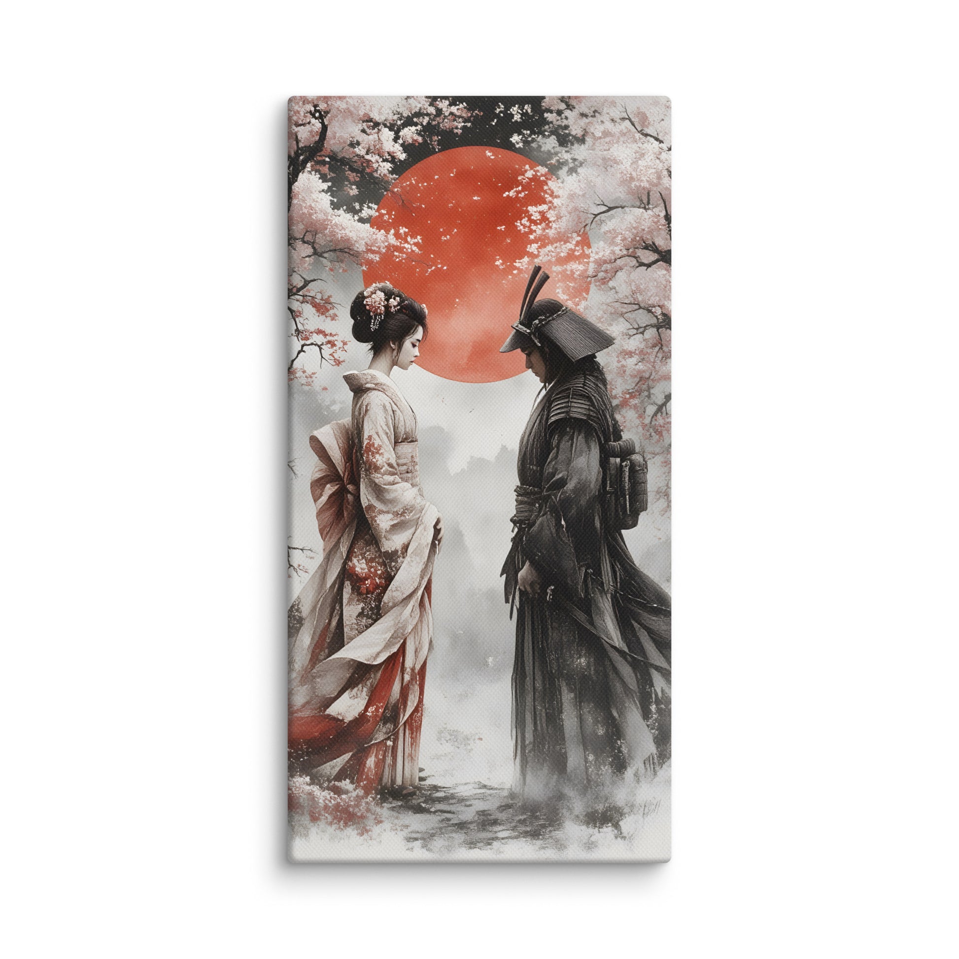 Canvas print with a samurai and geisha under a red moon and cherry blossoms.  Witness an enchanting fusion of tradition and mystique with this striking canvas print depicting a samurai and geisha standing together beneath a crimson moon and cascading cherry blossoms. The blood-red lunar glow bathes the scene in dramatic, otherworldly light, transforming the romantic moment into something ethereal and unforgettable. Every element—the warrior's composed bearing, the geisha's flowing elegance, delicate petals,
