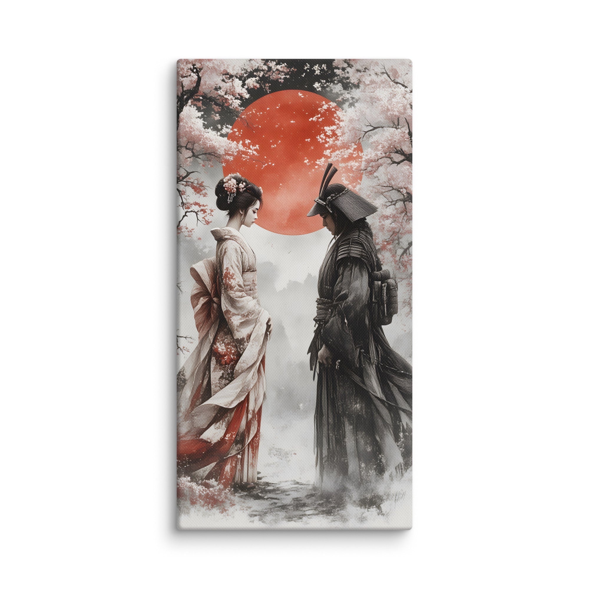 Canvas print with a samurai and geisha under a red moon and cherry blossoms.  Witness an enchanting fusion of tradition and mystique with this striking canvas print depicting a samurai and geisha standing together beneath a crimson moon and cascading cherry blossoms. The blood-red lunar glow bathes the scene in dramatic, otherworldly light, transforming the romantic moment into something ethereal and unforgettable. Every element—the warrior's composed bearing, the geisha's flowing elegance, delicate petals,